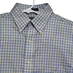 IZOD Mens Regular Fit Plaid Button Down Shirt Blue Yellow Wrinkle Free Lg 16.5